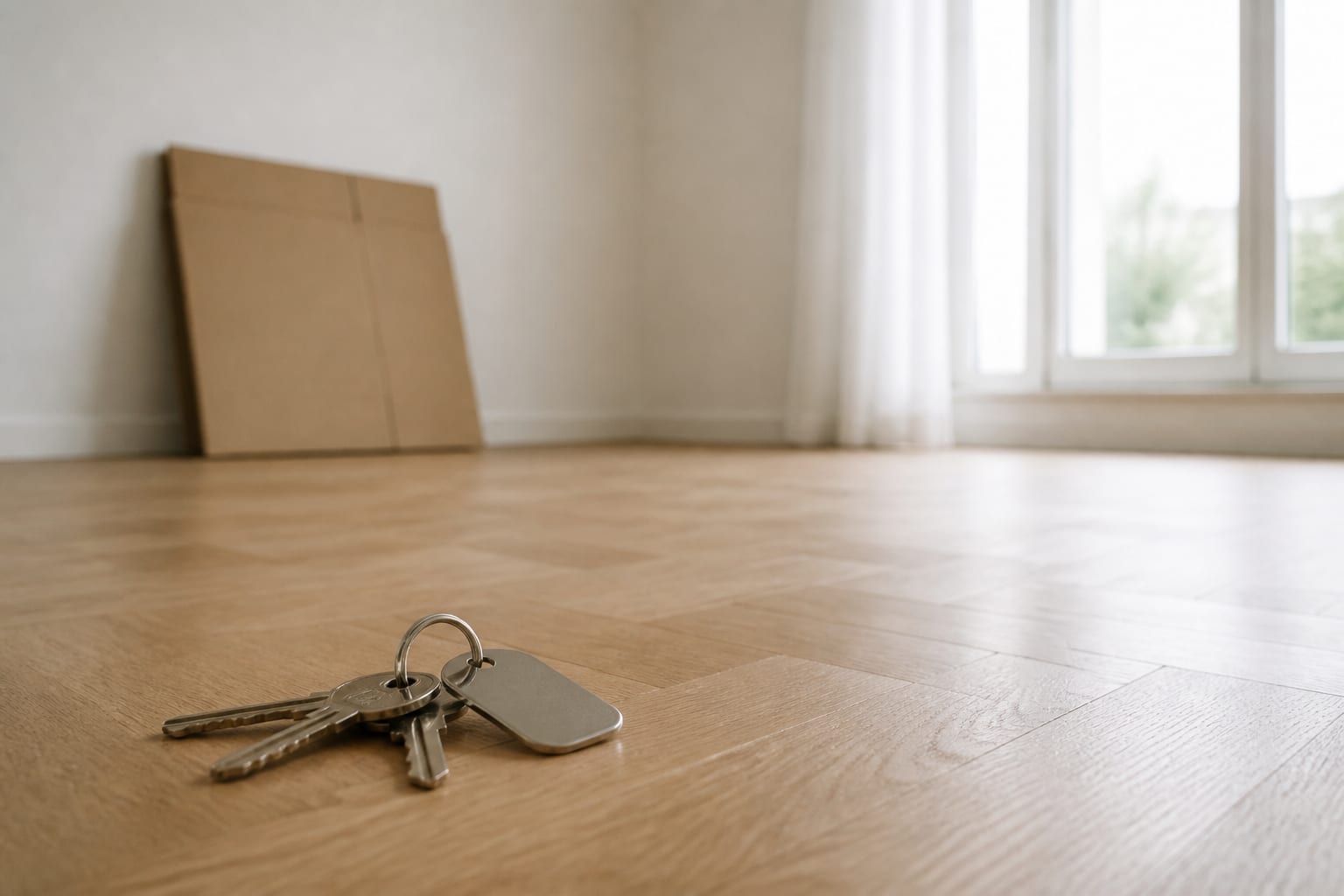 Schlüsselbund auf dem Parkett einer leeren Wohnung — die Einheit wechselt den Nutzer